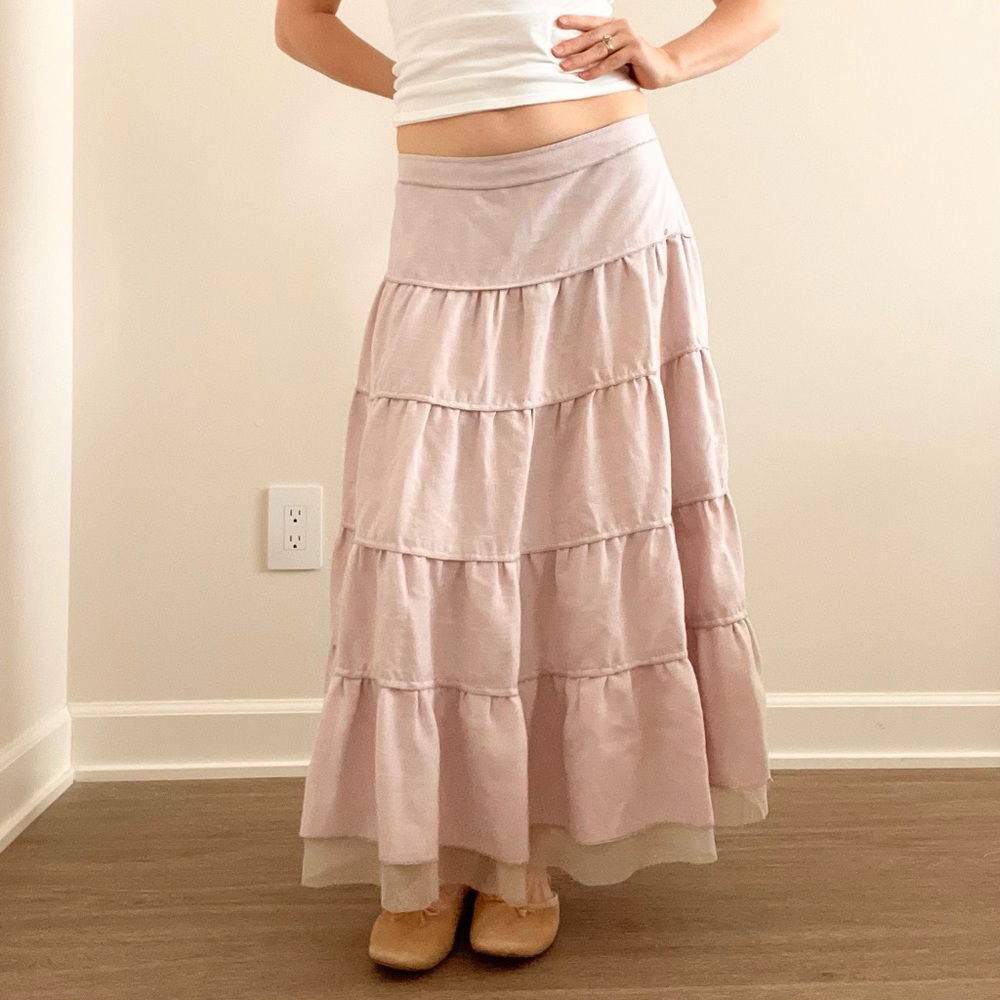 Vintage Linen Cotton Tiered Maxi Skirt in Dusty Pink - Picture 3 of 5